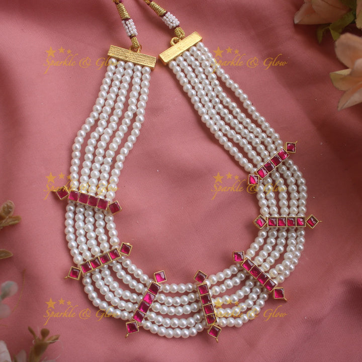 Stunning Five layered Pearl Short necklace- Pink