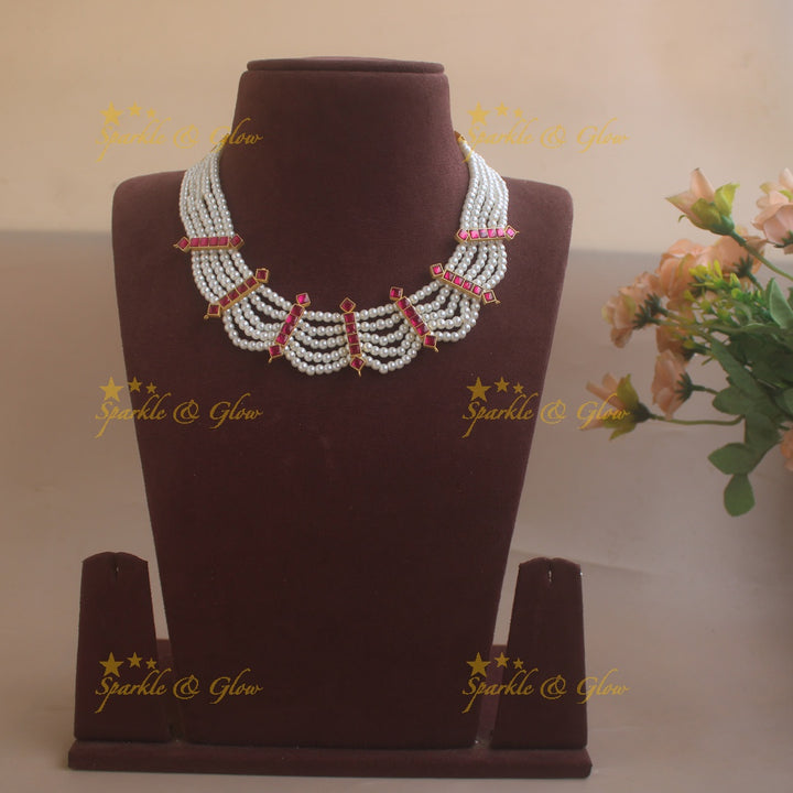 Stunning Five layered Pearl Short necklace- Pink