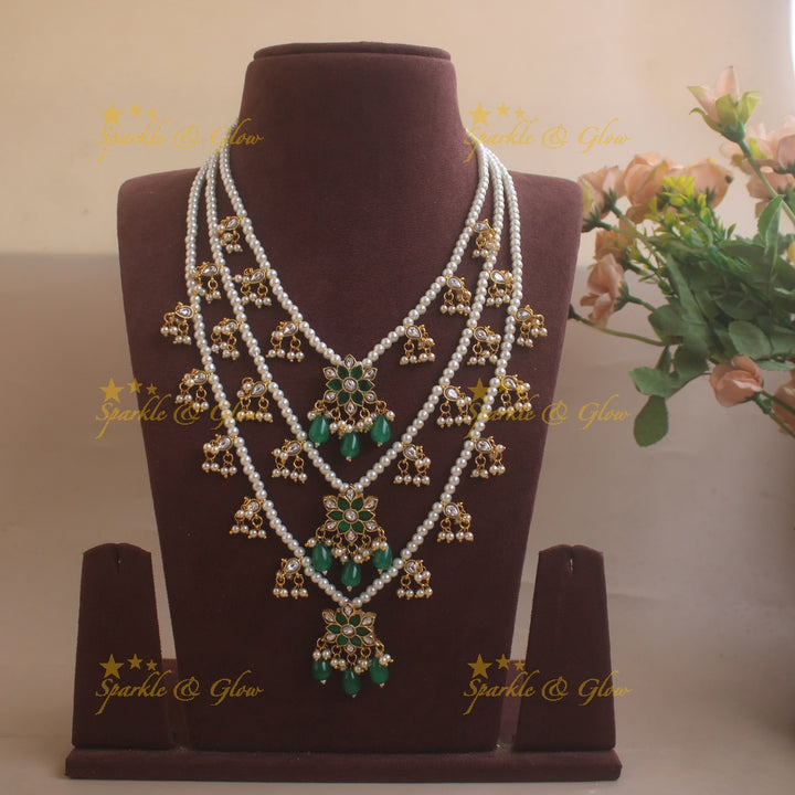Elegant Three layered Floral Rani Haram with pearl drops