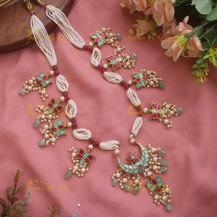 Sparkling Half moon Lotus design Multi layered Pearl Haram with pearls and green beads