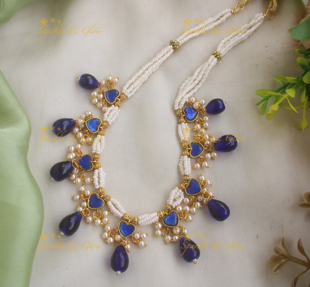 Stunning Layered Heart design Guttapusalu short necklace with Blue beads-Blue