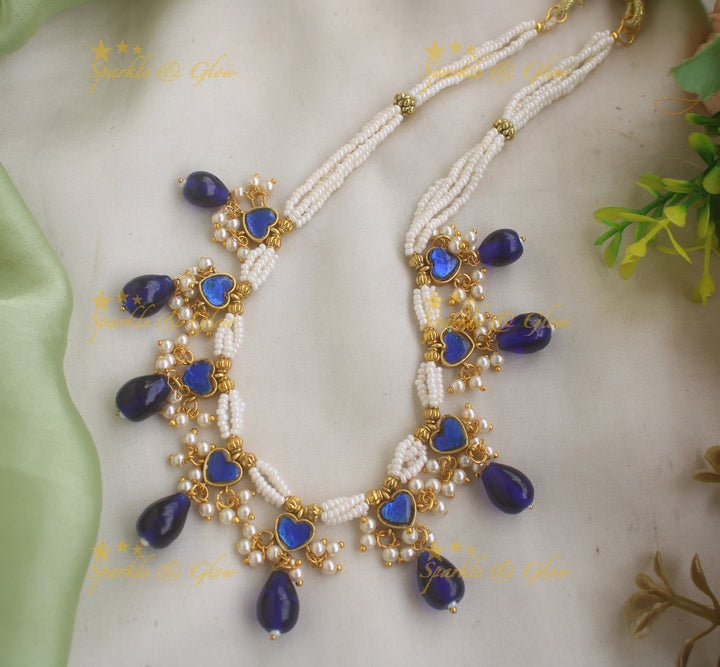 Stunning Layered Heart design Guttapusalu short necklace with Blue beads-Blue