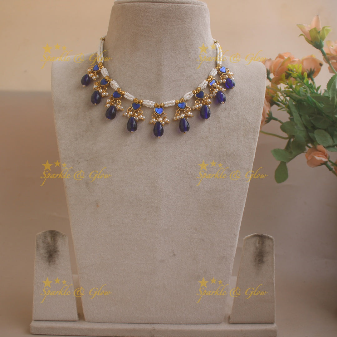Stunning Layered Heart design Guttapusalu short necklace with Blue beads-Blue