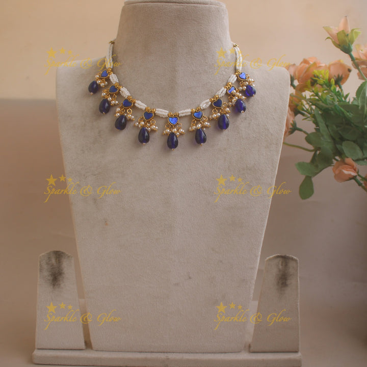 Stunning Layered Heart design Guttapusalu short necklace with Blue beads-Blue
