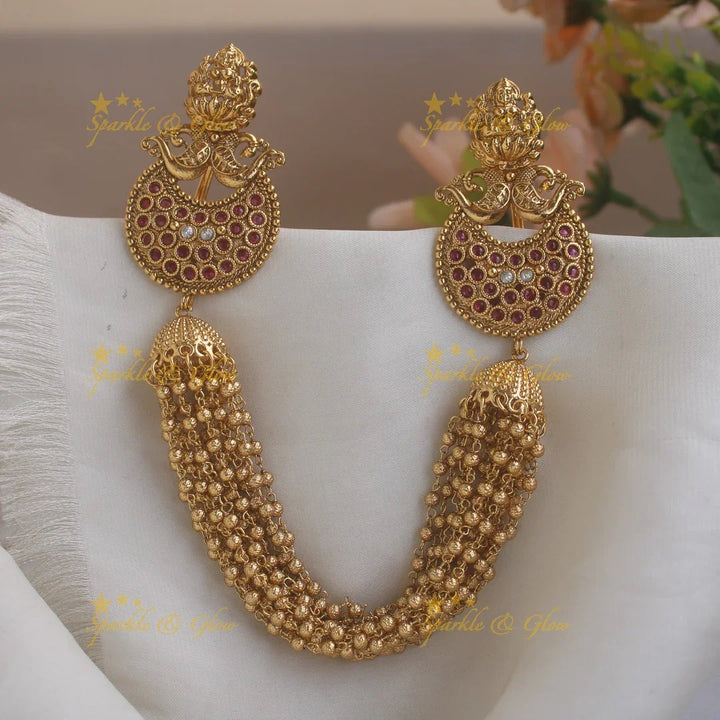 Idol Lakshmi Peacock Moon shape design multi layered gold hairpin-Ruby-gold - Sparkle and Glow