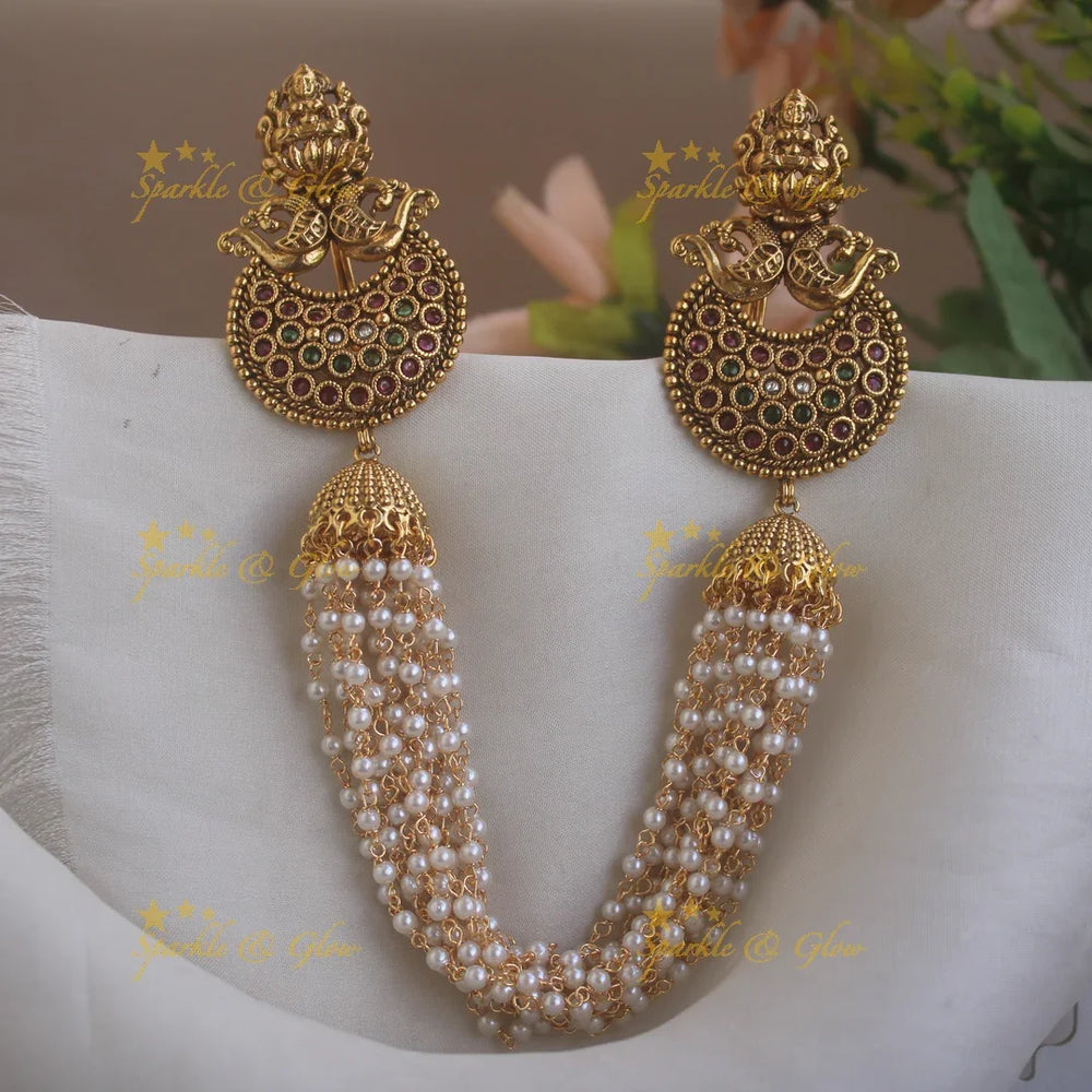 Idol Lakshmi Peacock Moon shape design multi layered gold hairpin-Ruby-gold - Sparkle and Glow