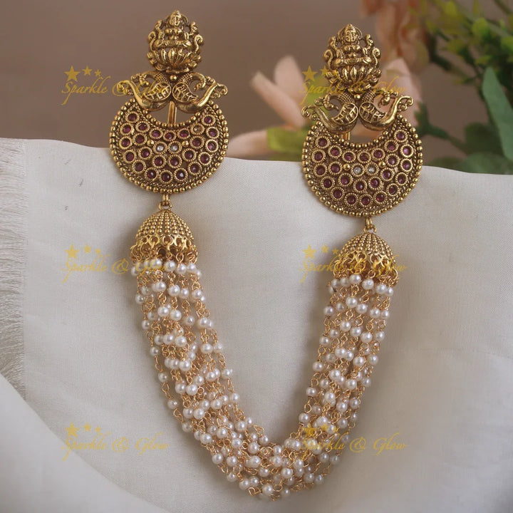 Idol Lakshmi Peacock Moon shape design multi layered gold hairpin-Ruby-gold - Sparkle and Glow