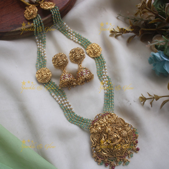 Grand Lakshmi Elephant Floral carved pendant haram with Pearl and mint green beads chain