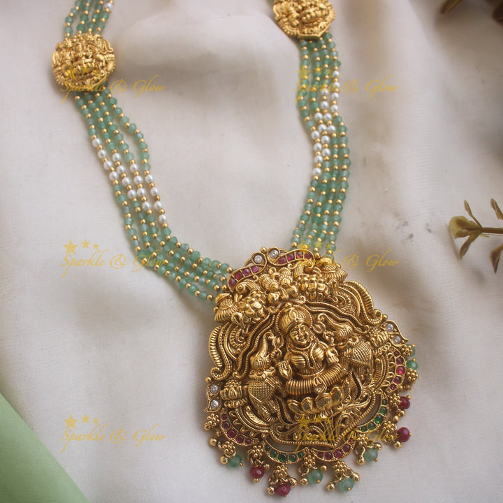 Grand Lakshmi Elephant Floral carved pendant haram with Pearl and mint green beads chain