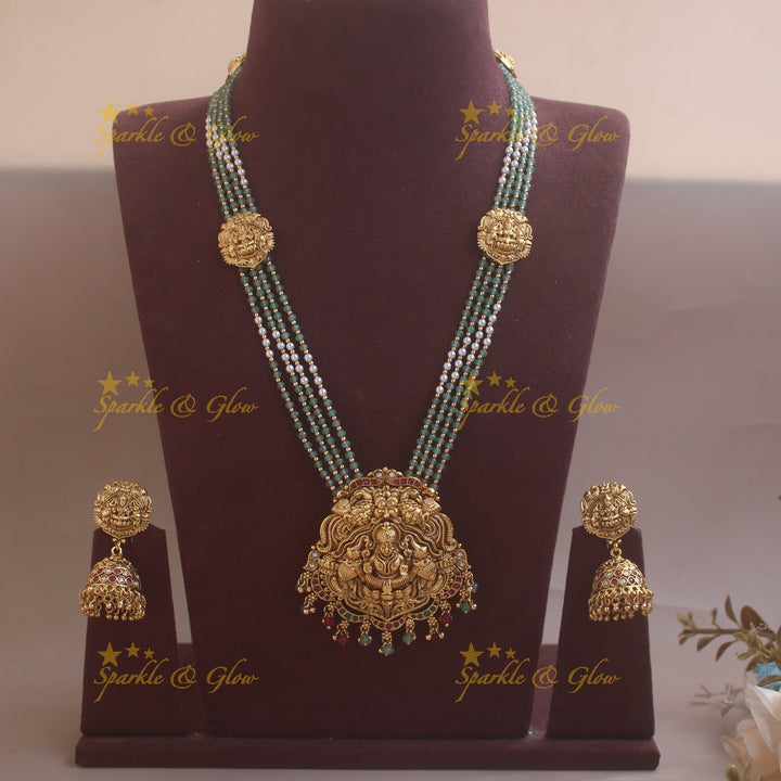 Grand Lakshmi Elephant Floral carved pendant haram with Pearl and mint green beads chain