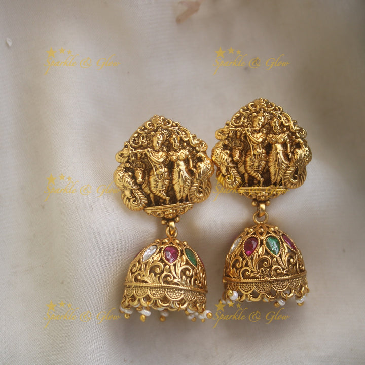 Grand Radhakrishna peacock carved pendant haram with multi layered pearl and rubygreen beads chain