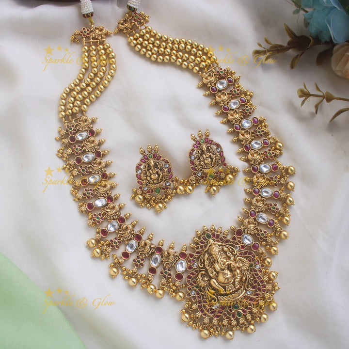 Grand Idol Ganesha Peacock Floral carved Haram with Mintgreen beads
