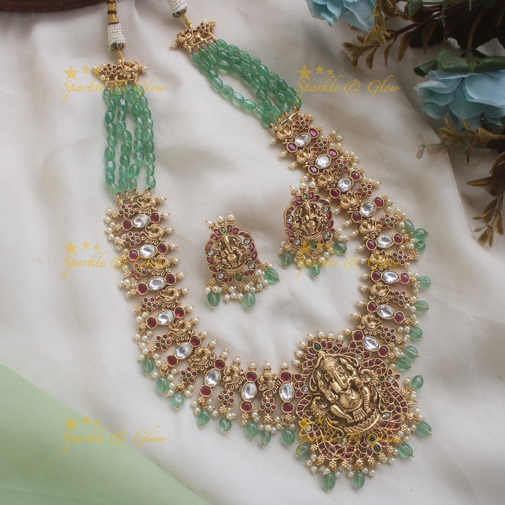 Grand Idol Ganesha Peacock Floral carved Haram with Mintgreen beads