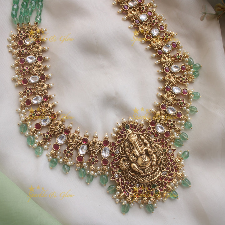 Grand Idol Ganesha Peacock Floral carved Haram with Mintgreen beads