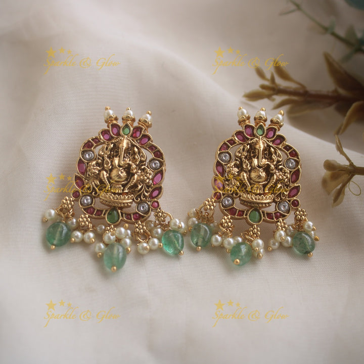 Grand Idol Ganesha Peacock Floral carved Haram with Mintgreen beads
