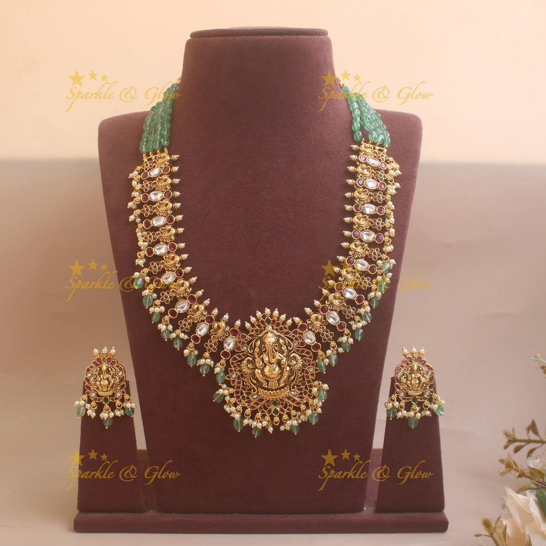 Grand Idol Ganesha Peacock Floral carved Haram with Mintgreen beads