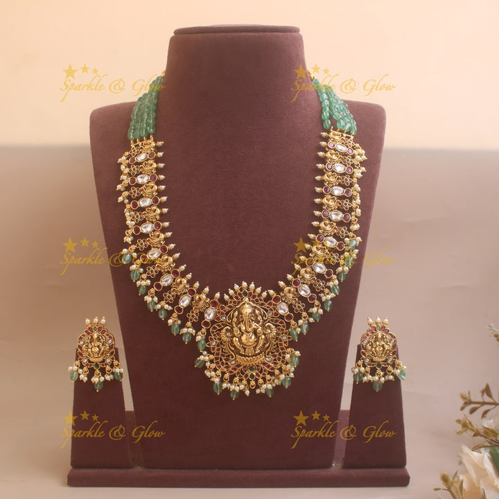 Grand Idol Ganesha Peacock Floral carved Haram with Mintgreen beads