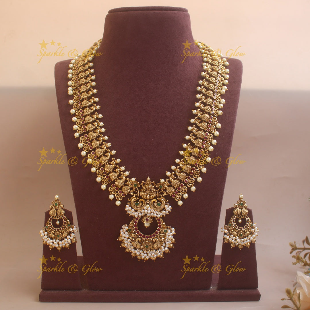 Elegant Idol Lakshmi Peacock carved Haram with Pearl drops