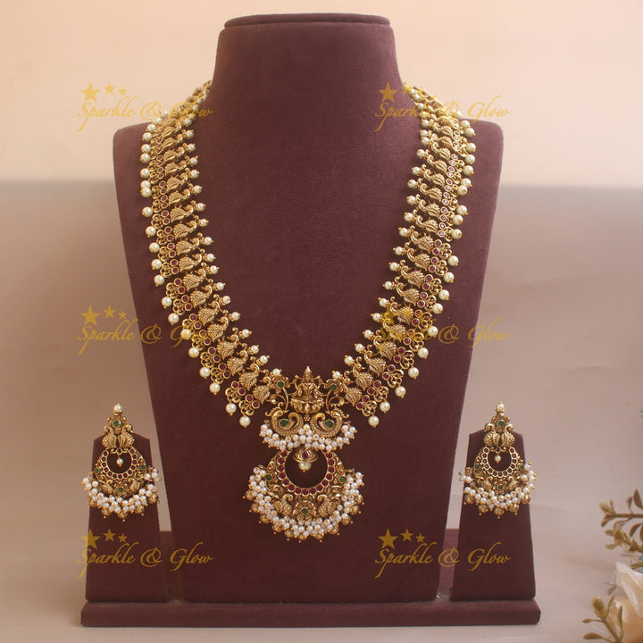 Elegant Idol Lakshmi Peacock carved Haram with Pearl drops