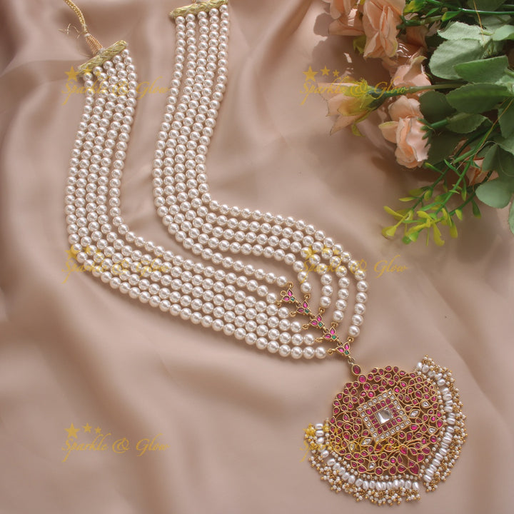 Stunning Leaf design jadau pandent haram with multi layer pearl chain