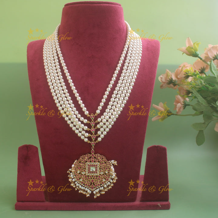 Stunning Leaf design jadau pandent haram with multi layer pearl chain