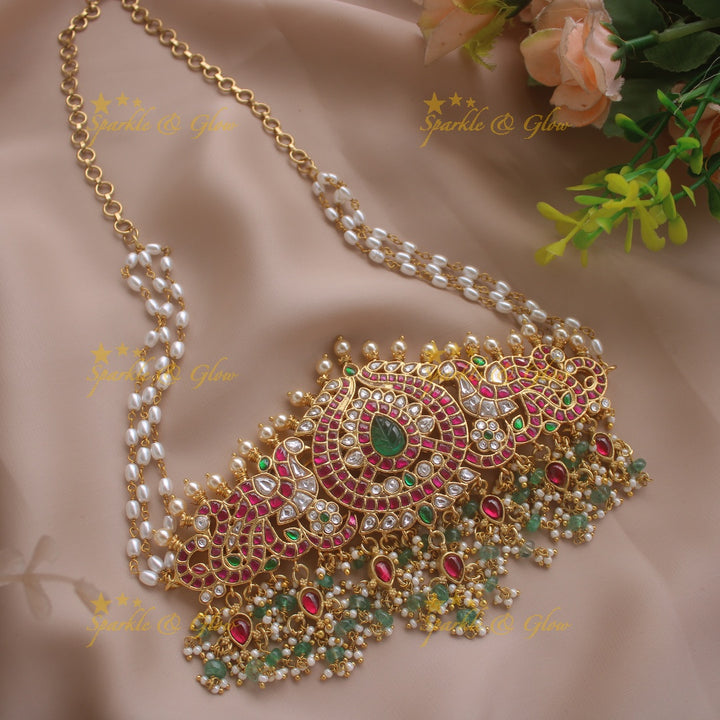 Beautiful Peacock Floral and leaf design jadau choker with pearls and mint green beads