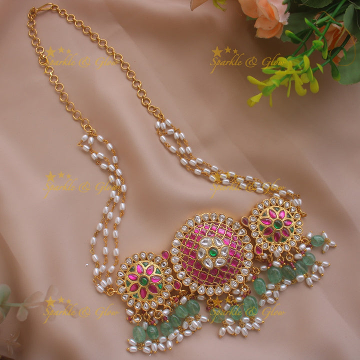 Elegant Floral and round design jadau choker with pearls and mint green beads