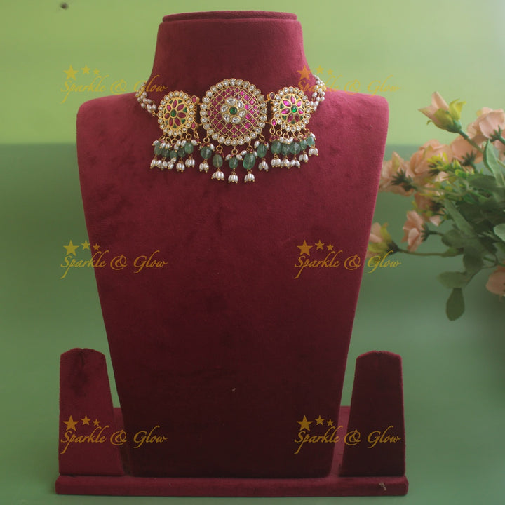 Elegant Floral and round design jadau choker with pearls and mint green beads