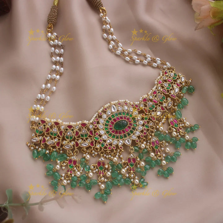 Gorgeous Floral and leaf design jadau choker with pearls and mint green beads - Sparkle and Glow