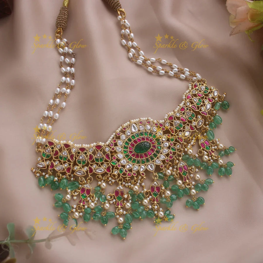 Gorgeous Floral and leaf design jadau choker with pearls and mint green beads - Sparkle and Glow