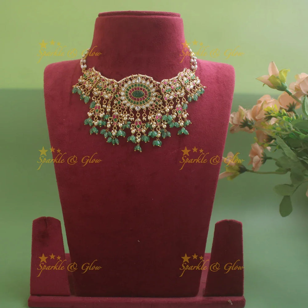 Gorgeous Floral and leaf design jadau choker with pearls and mint green beads - Sparkle and Glow