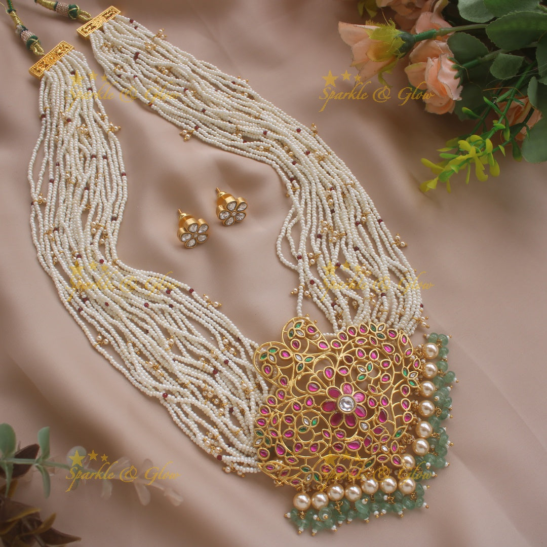 Grand intricate Floral leflet jadau pandent haram with multi layer pearl gold beads chain and mint green beads