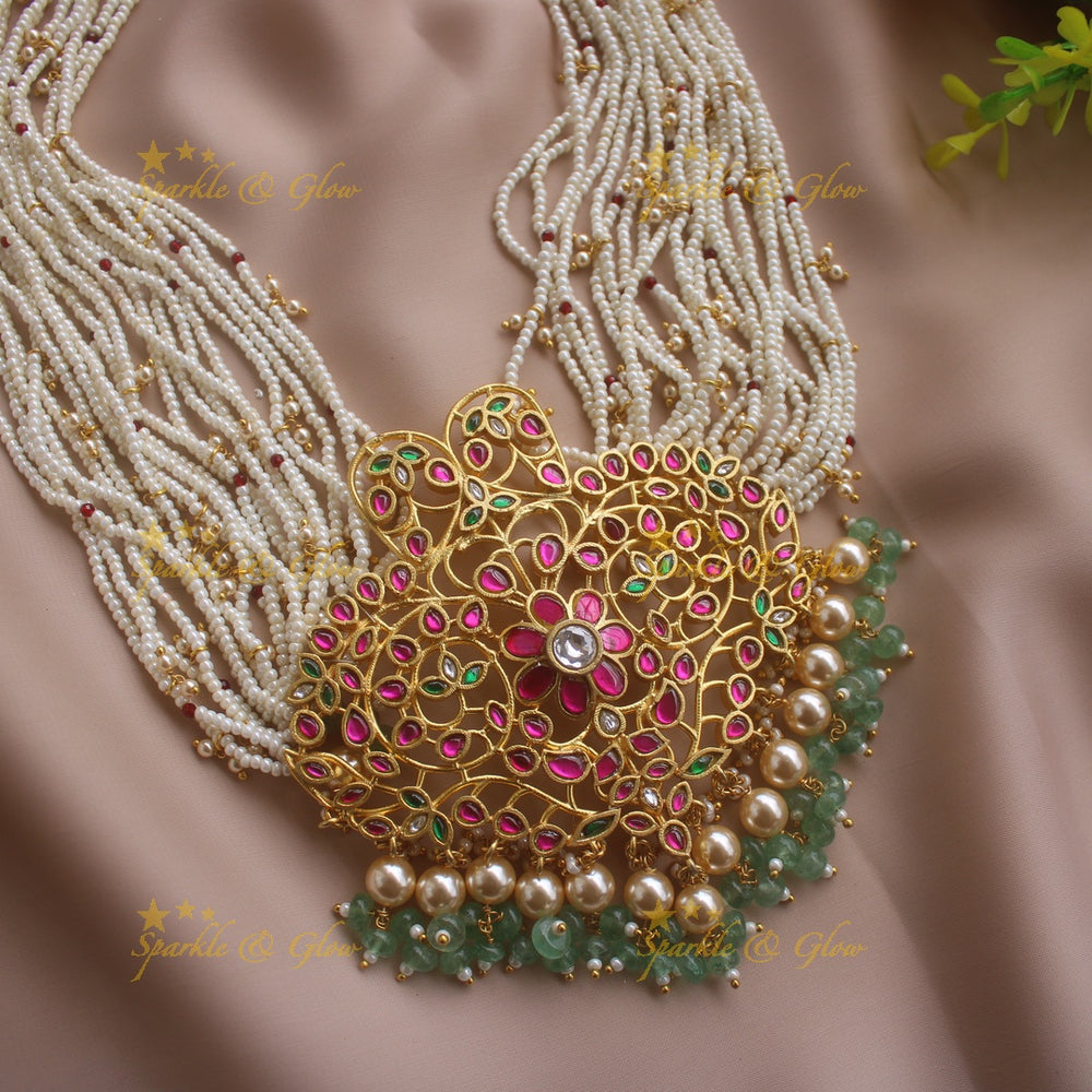Grand intricate Floral leflet jadau pandent haram with multi layer pearl gold beads chain and mint green beads - Sparkle and Glow