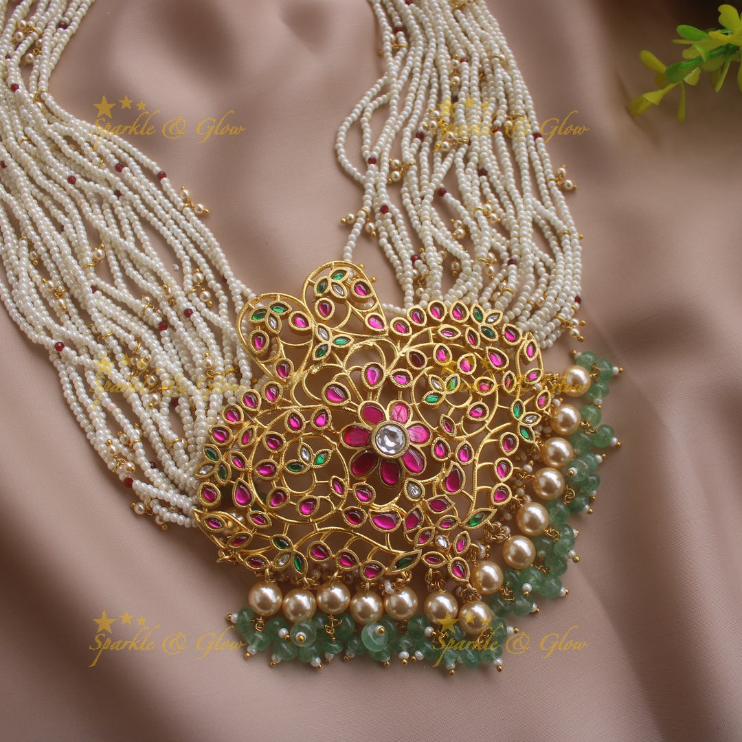 Grand intricate Floral leflet jadau pandent haram with multi layer pearl gold beads chain and mint green beads