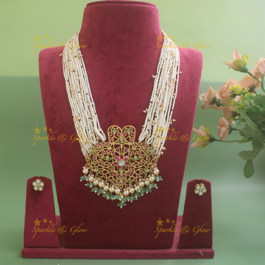 Grand intricate Floral leflet jadau pandent haram with multi layer pearl gold beads chain and mint green beads