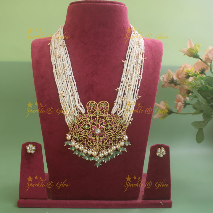 Grand intricate Floral leflet jadau pandent haram with multi layer pearl gold beads chain and mint green beads