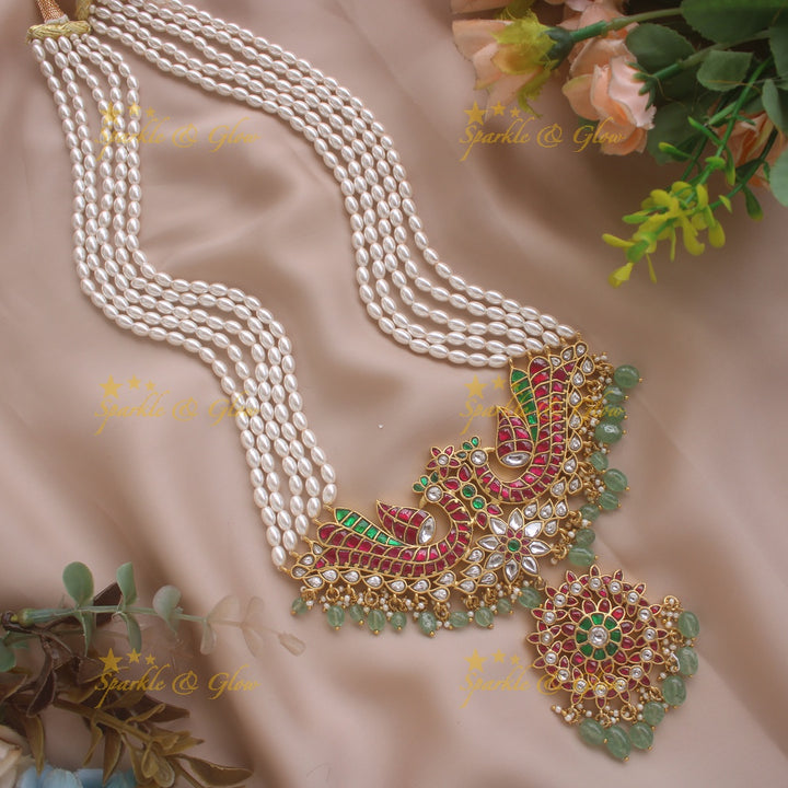 Gorgeous Peacock Floral jadau pandent haram with multi layer pearl chain