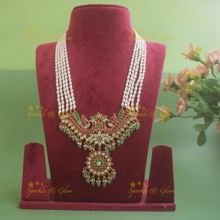 Gorgeous Peacock Floral jadau pandent haram with multi layer pearl chain