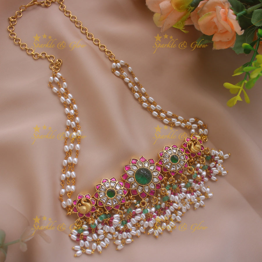 Elegant Floral Peacock design jadau choker with rice pearls and mint green beads - Sparkle and Glow