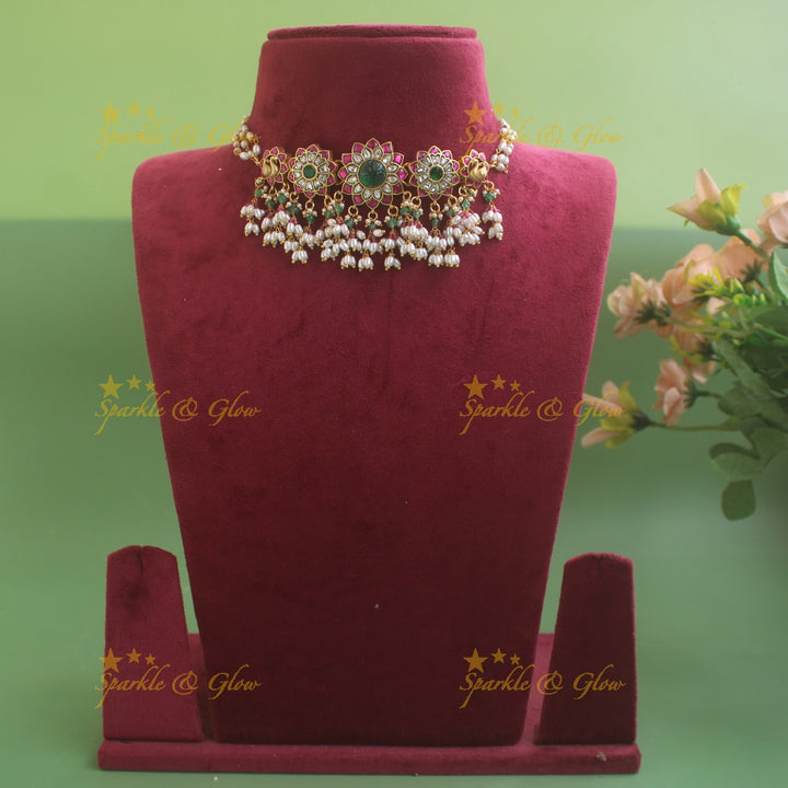 Elegant Floral Peacock design jadau choker with rice pearls and mint green beads - Sparkle and Glow