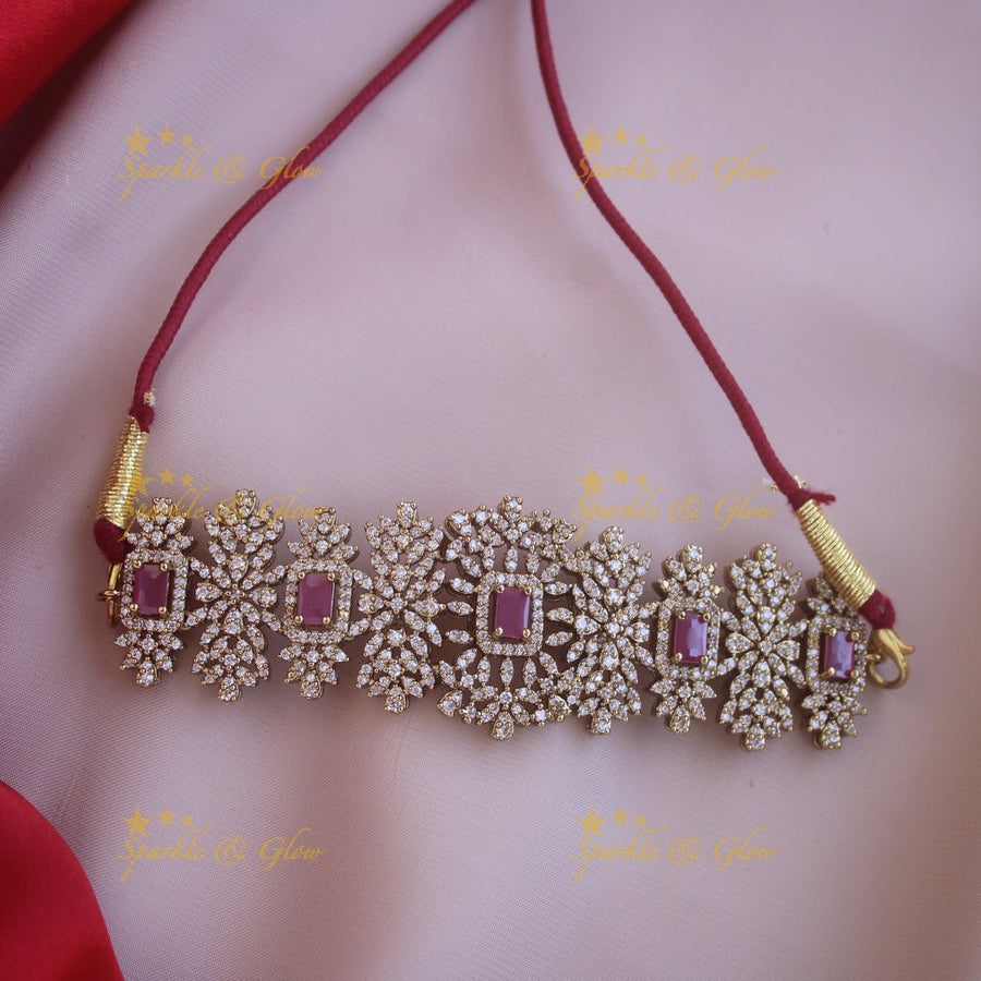 Elegant Floral victorian AD choker with ruby stones - Sparkle and Glow - Back Thread - 
