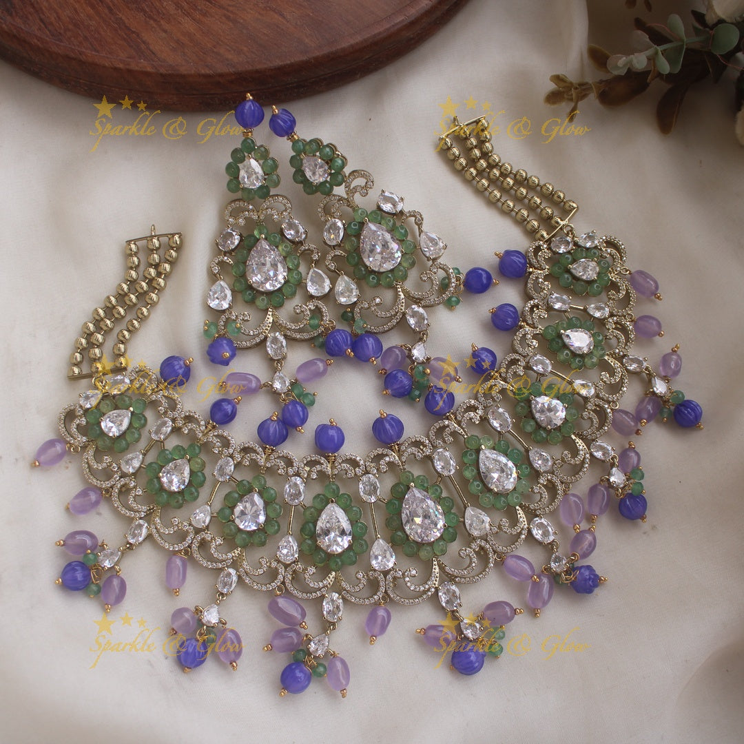 Beautiful Leaf design victorian AD short necklace with mint green stones and purple and blue stones
