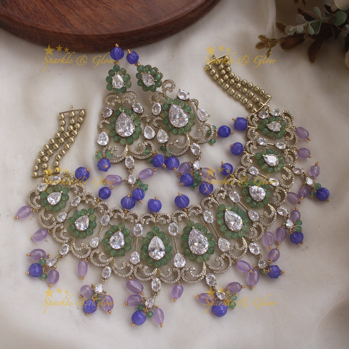 Beautiful Leaf design victorian AD short necklace with mint green stones and purple and blue stones