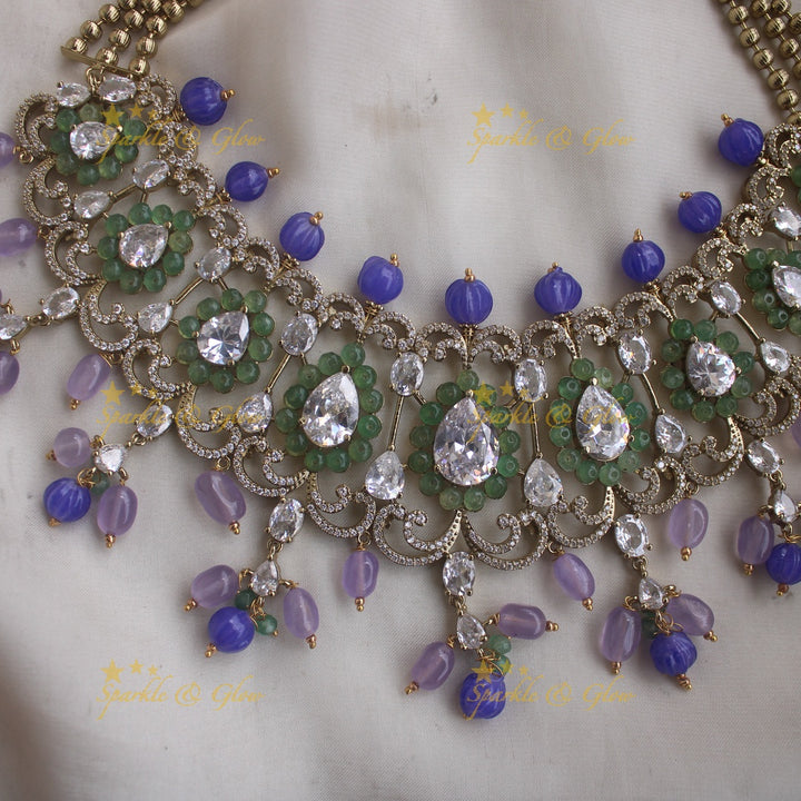 Beautiful Leaf design victorian AD short necklace with mint green stones and purple and blue stones