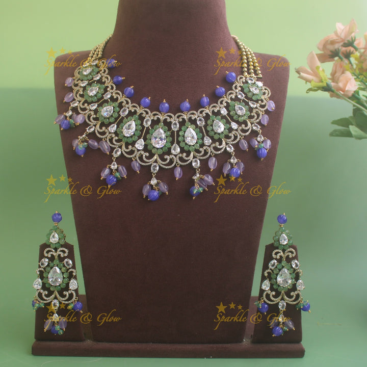 Beautiful Leaf design victorian AD short necklace with mint green stones and purple and blue stones