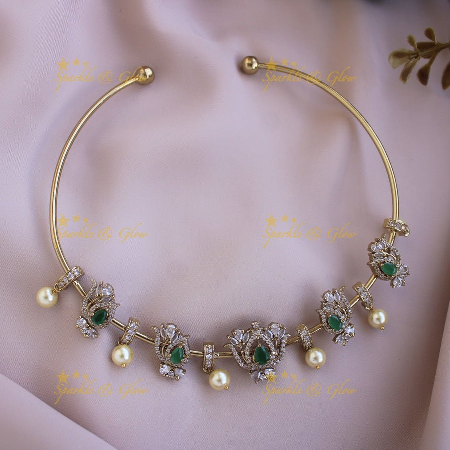 Stunning Lotus design victorian AD Hasli choker with emerald stones and pearl drops - Sparkle and Glow - Back Thread - 