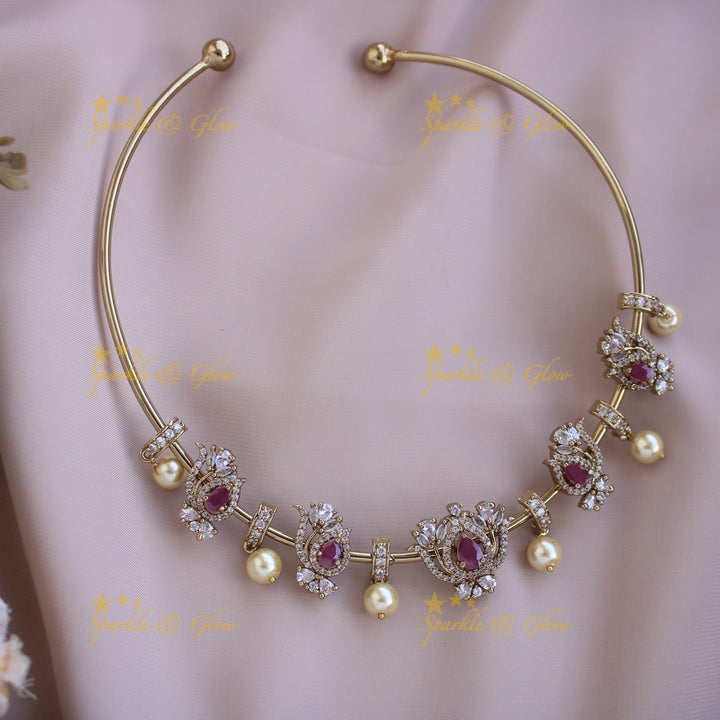 Stunning Lotus design victorian AD Hasli choker with ruby stones and pearl drops - pink