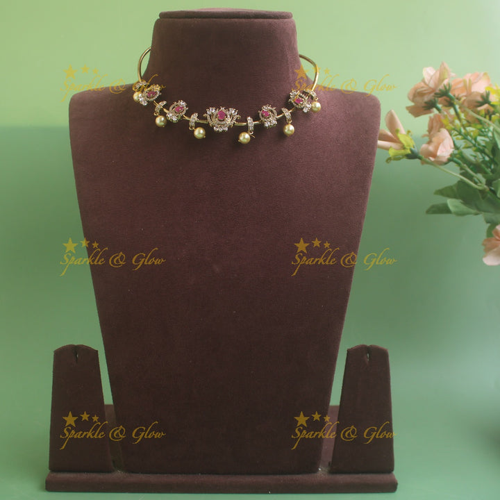 Stunning Lotus design victorian AD Hasli choker with ruby stones and pearl drops - pink