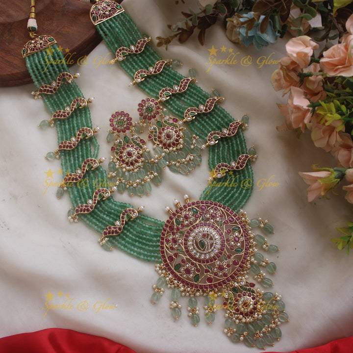 Grand Peacock Floral Jadau Rani Haram with Mintgreen beads