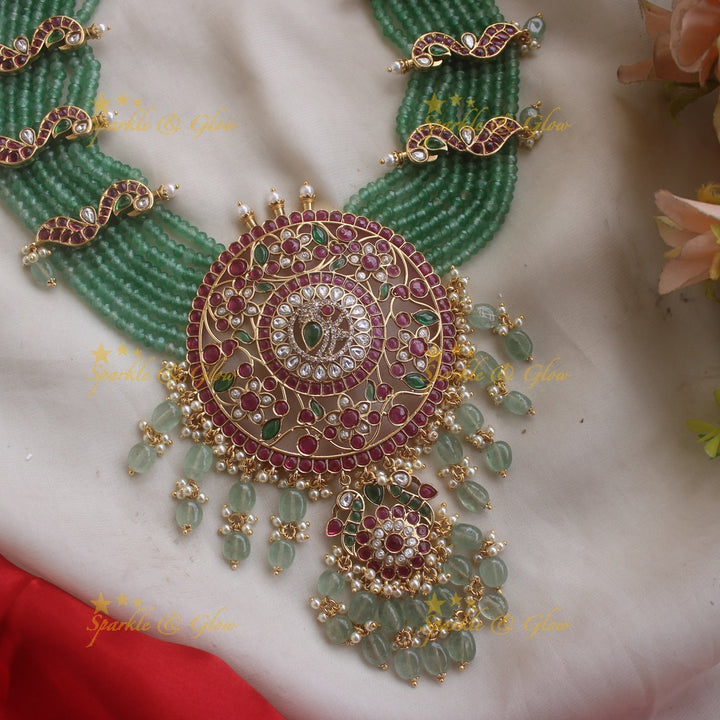 Grand Peacock Floral Jadau Rani Haram with Mintgreen beads